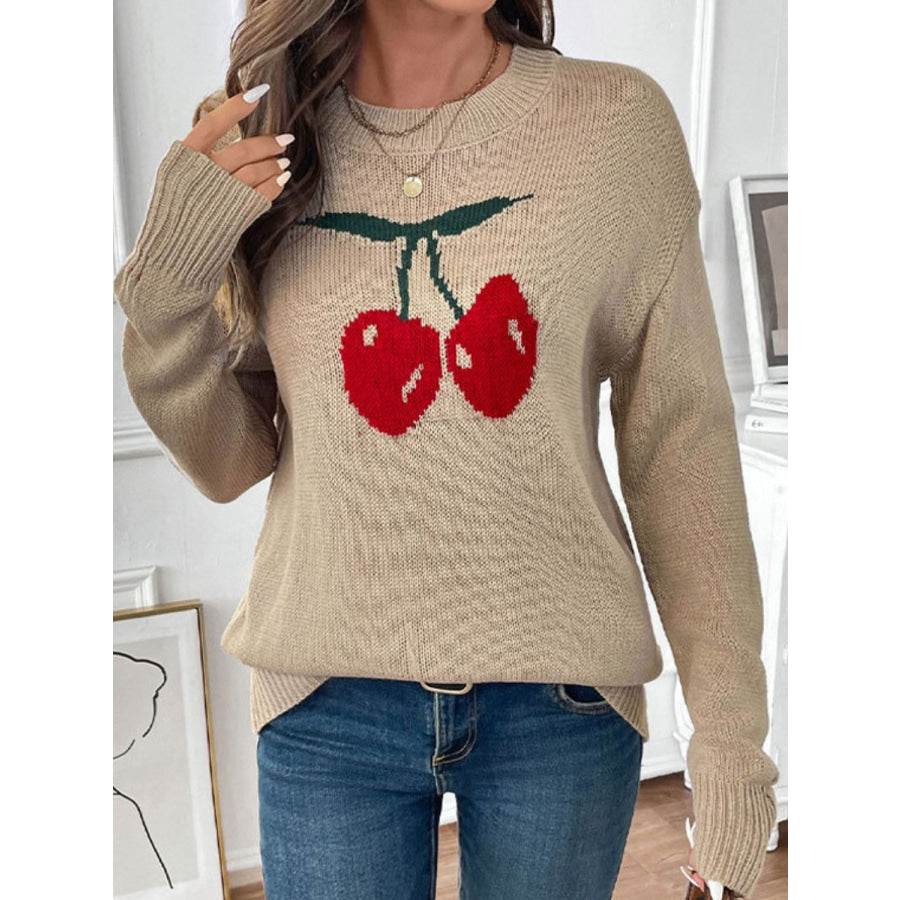 Perfee Cherry Round Neck Long Sleeve Sweater Apparel and Accessories