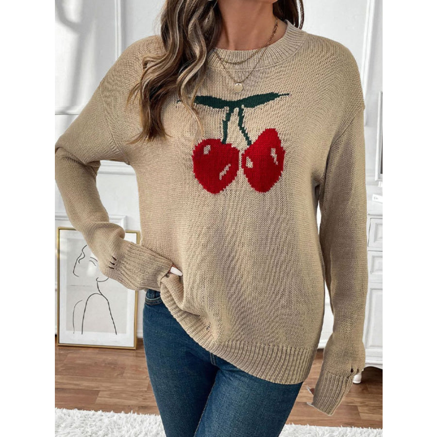 Perfee Cherry Round Neck Long Sleeve Sweater Khaki / S Apparel and Accessories