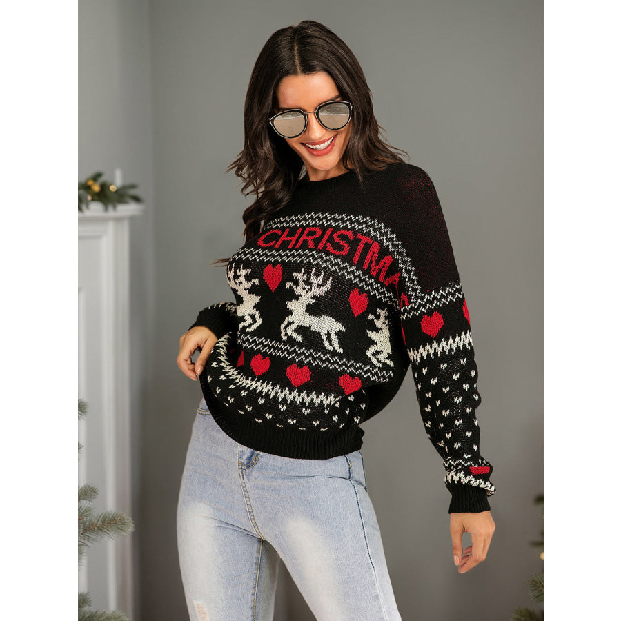 Perfee Christmas Element Round Neck Sweater Apparel and Accessories