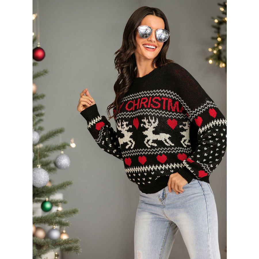 Perfee Christmas Element Round Neck Sweater Apparel and Accessories