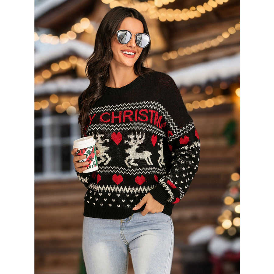 Perfee Christmas Element Round Neck Sweater Apparel and Accessories