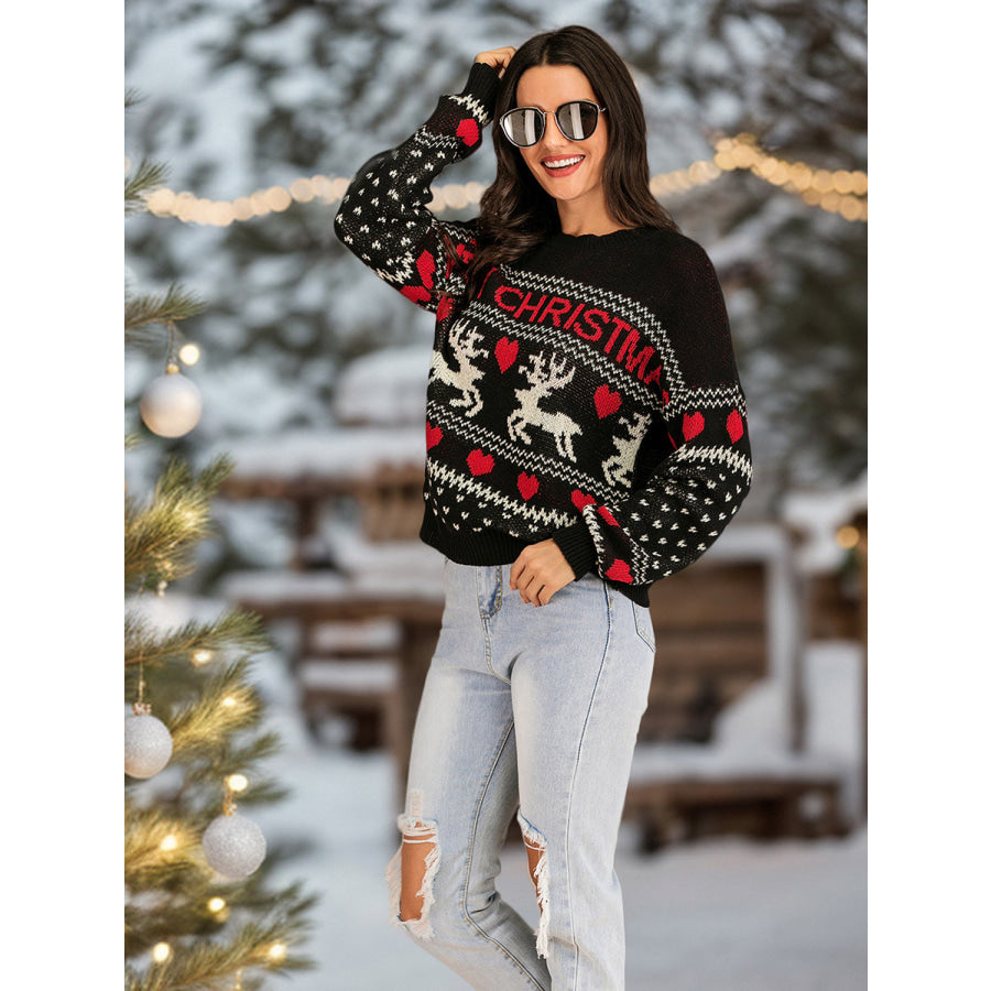 Perfee Christmas Element Round Neck Sweater Apparel and Accessories