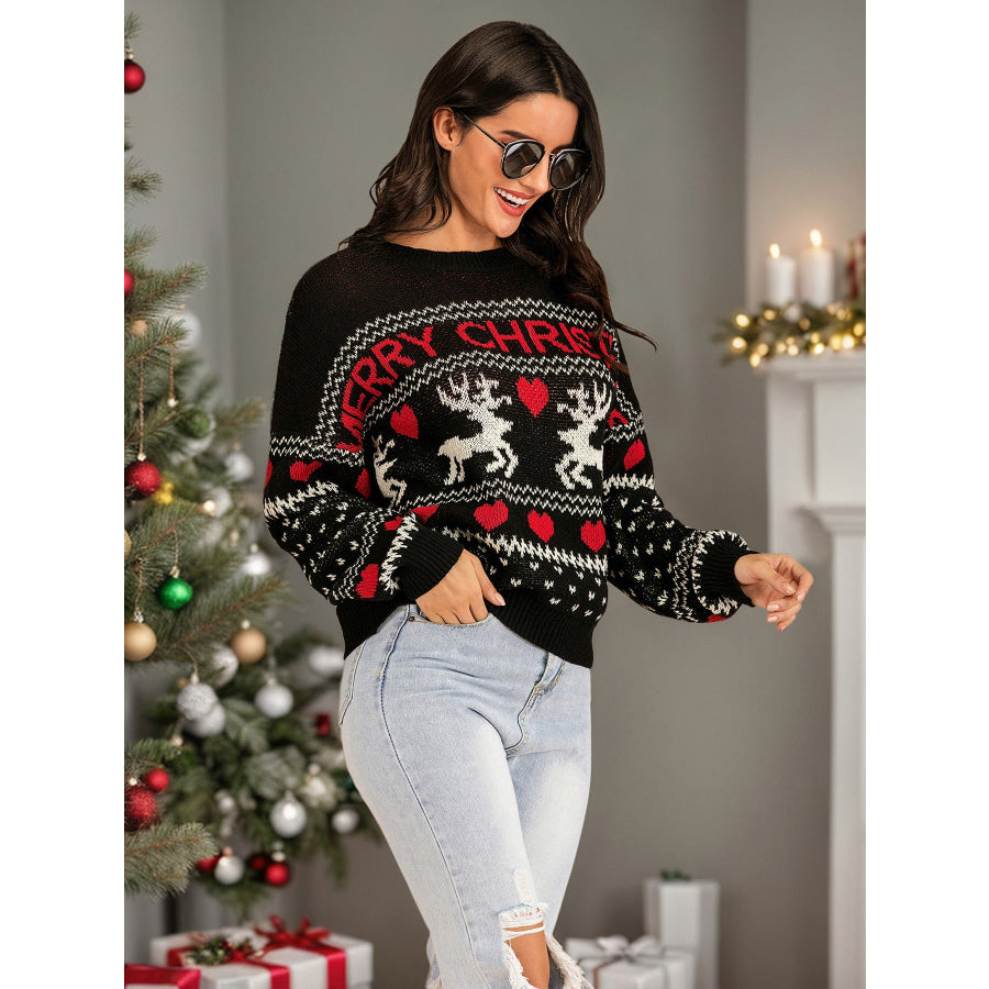 Perfee Christmas Element Round Neck Sweater Black / S Apparel and Accessories