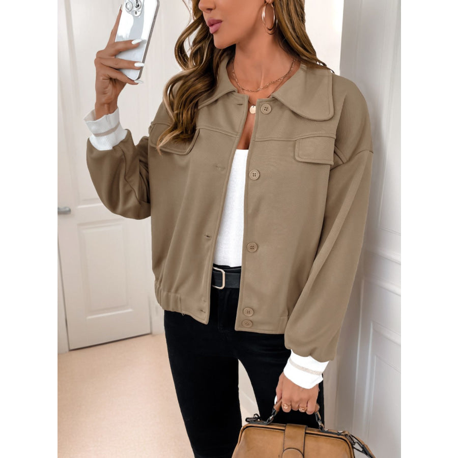 Perfee Collared Neck Button Down Jacket Apparel and Accessories