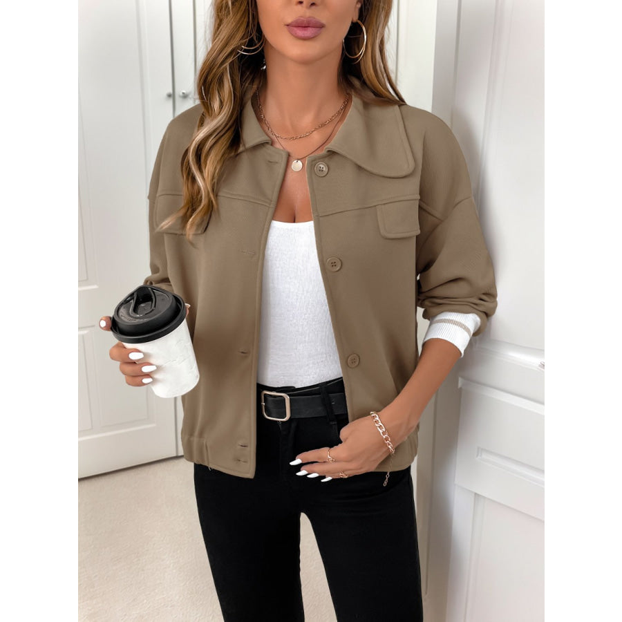 Perfee Collared Neck Button Down Jacket Apparel and Accessories