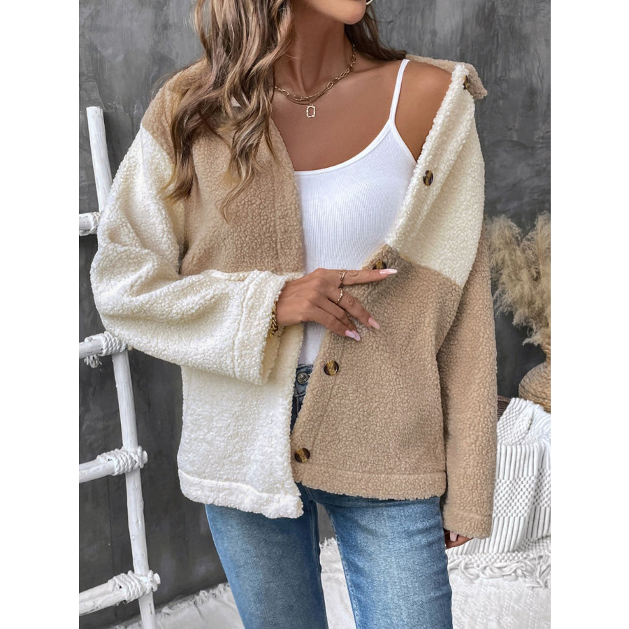 Perfee Color Block Collared Neck Long Sleeve Jacket Apparel and Accessories