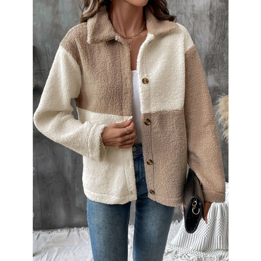 Perfee Color Block Collared Neck Long Sleeve Jacket Apparel and Accessories