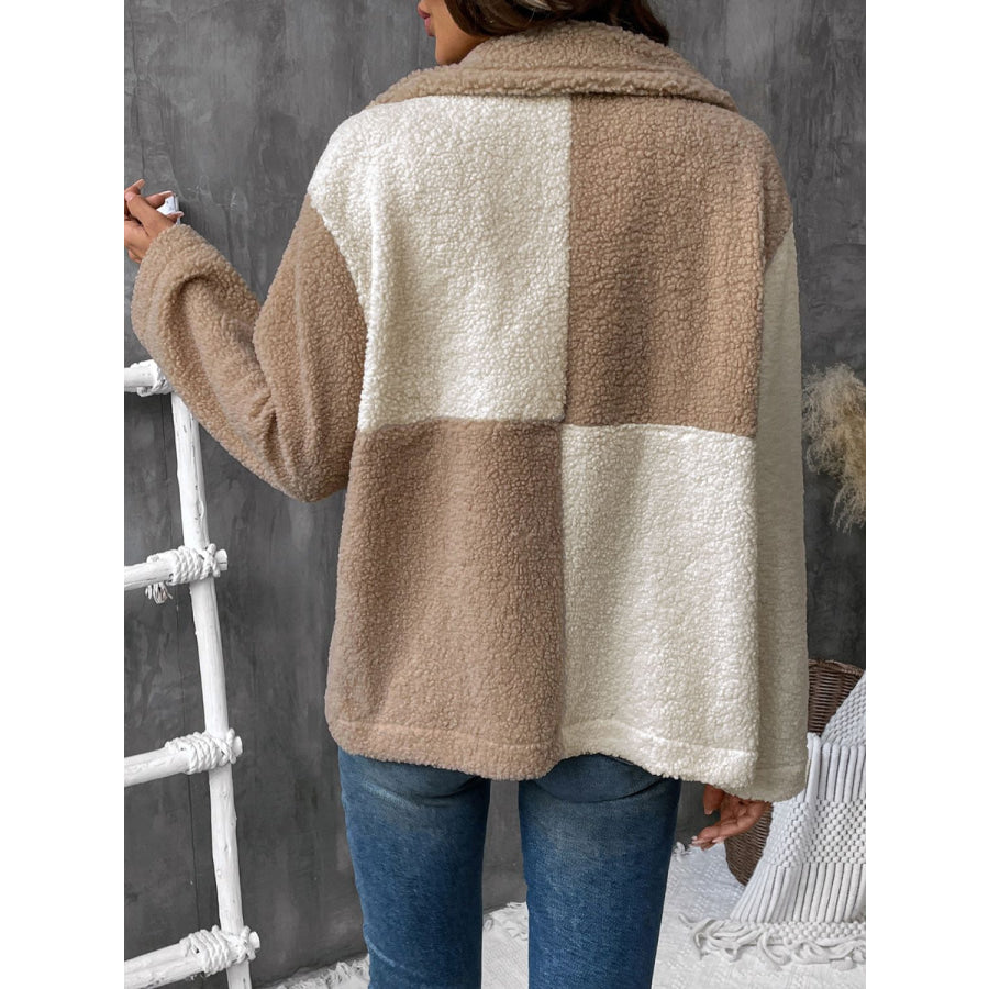 Perfee Color Block Collared Neck Long Sleeve Jacket Apparel and Accessories