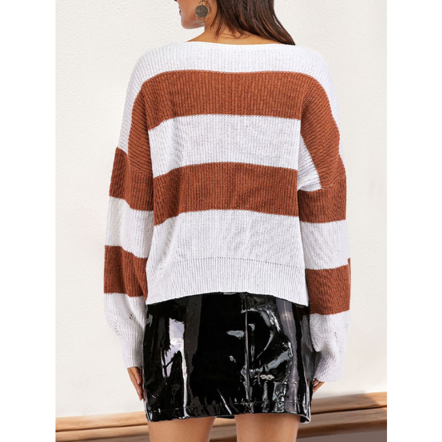 Perfee Color Block Dropped Shoulder Long Sleeve Sweater Caramel / S Apparel and Accessories