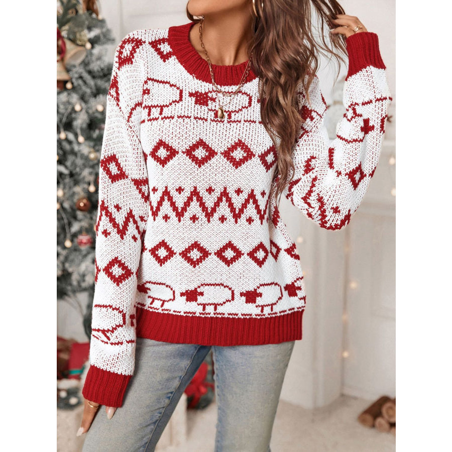 Perfee Contrast Geometric Round Neck Long Sleeve Sweater Apparel and Accessories