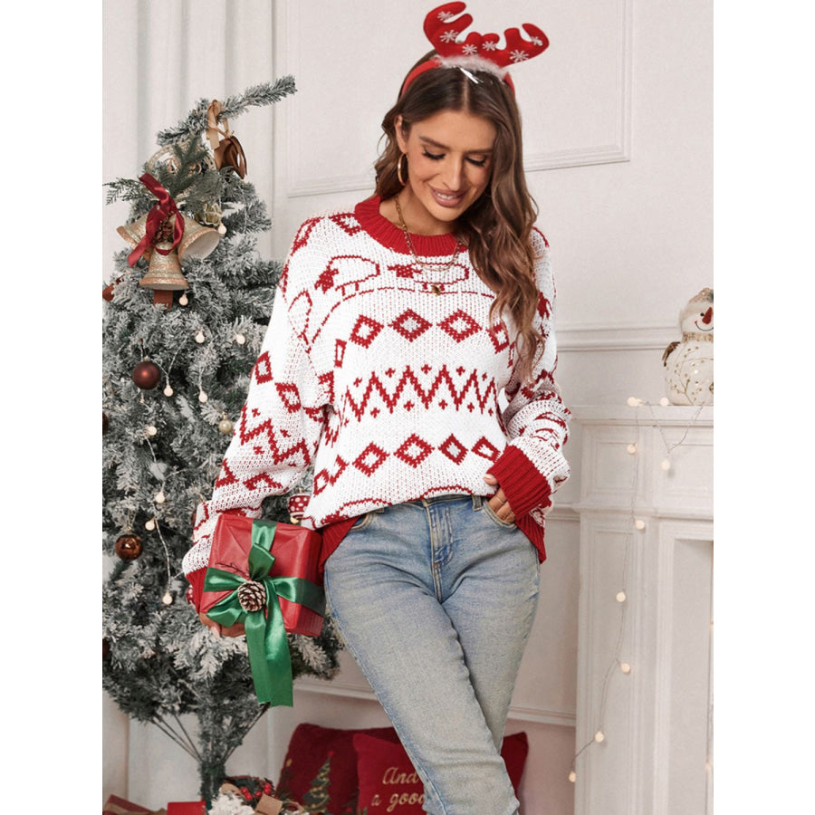 Perfee Contrast Geometric Round Neck Long Sleeve Sweater Apparel and Accessories