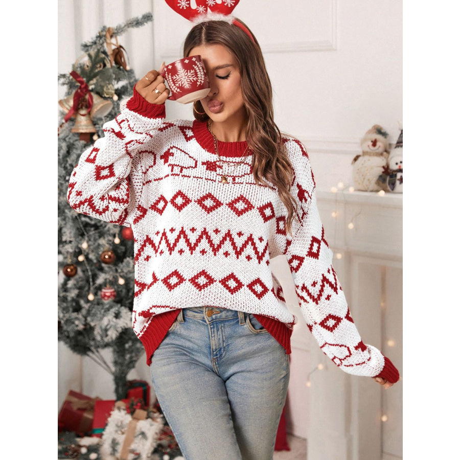 Perfee Contrast Geometric Round Neck Long Sleeve Sweater Apparel and Accessories