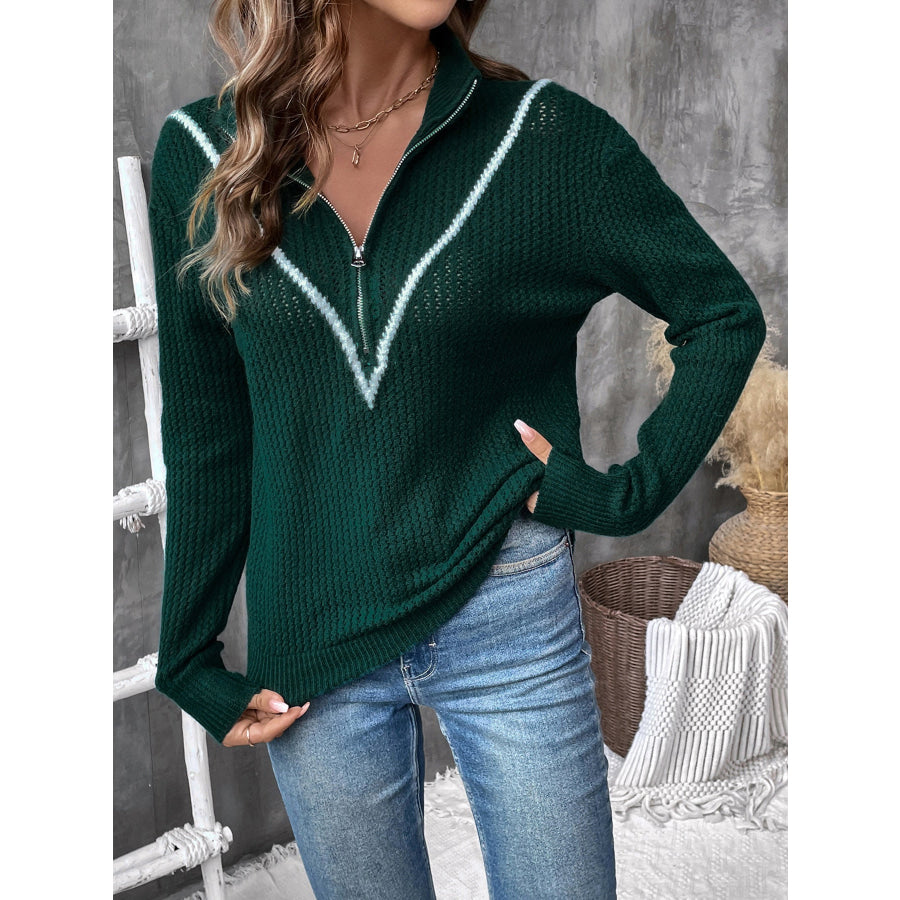 Perfee Contrast Half Zip Long Sleeve Sweater Apparel and Accessories