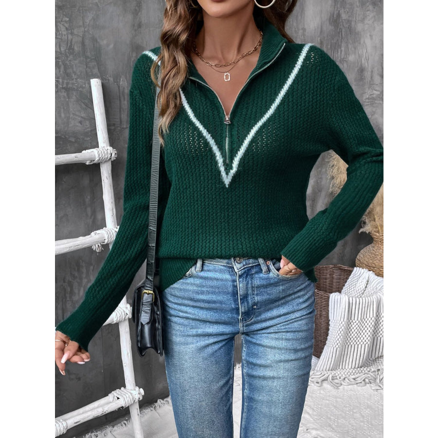 Perfee Contrast Half Zip Long Sleeve Sweater Apparel and Accessories