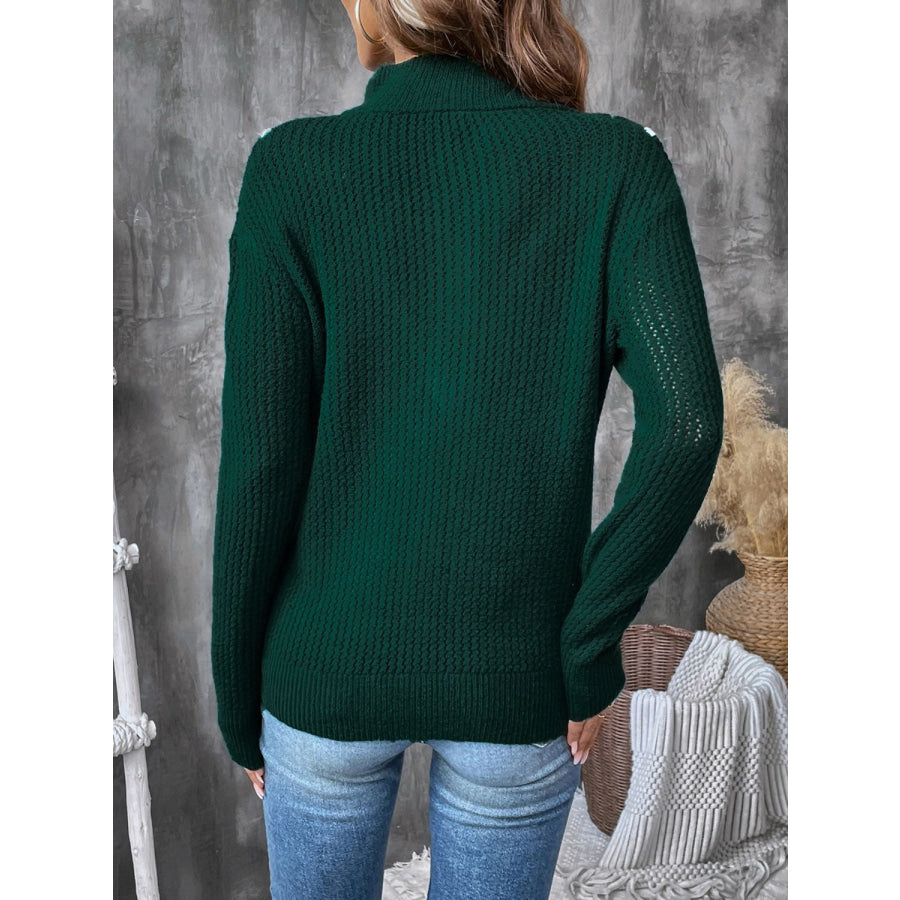 Perfee Contrast Half Zip Long Sleeve Sweater Dark Green / S Apparel and Accessories