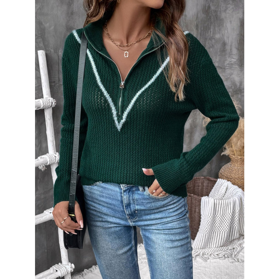 Perfee Contrast Half Zip Long Sleeve Sweater Apparel and Accessories