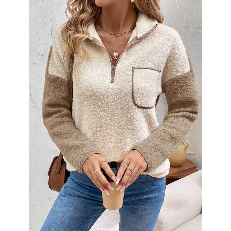 Perfee Contrast Half Zip Long Sleeve Sweatshirt Khaki / S Apparel and Accessories