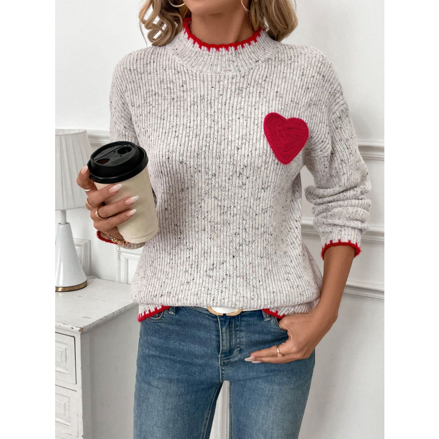 Perfee Contrast Heart Round Neck Long Sleeve Sweater Apparel and Accessories