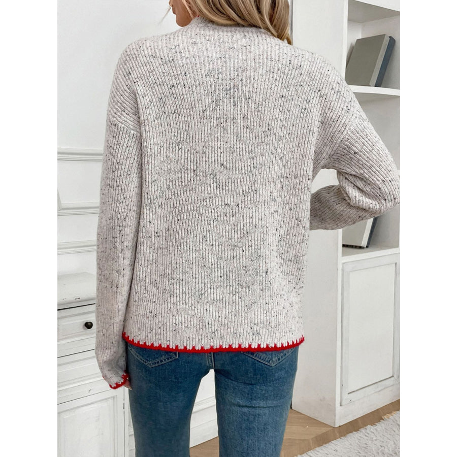 Perfee Contrast Heart Round Neck Long Sleeve Sweater Apparel and Accessories