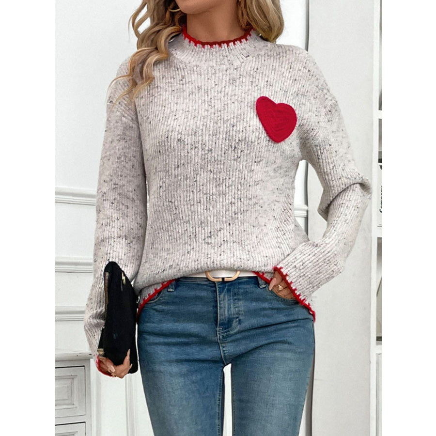 Perfee Contrast Heart Round Neck Long Sleeve Sweater Apparel and Accessories