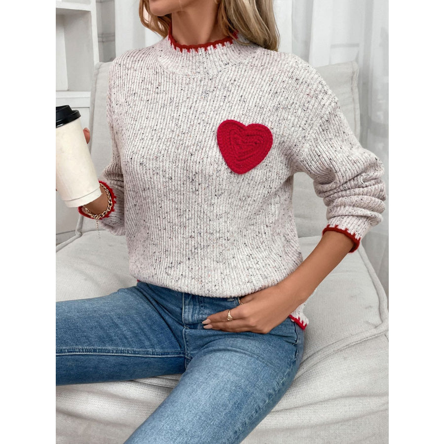 Perfee Contrast Heart Round Neck Long Sleeve Sweater Apparel and Accessories