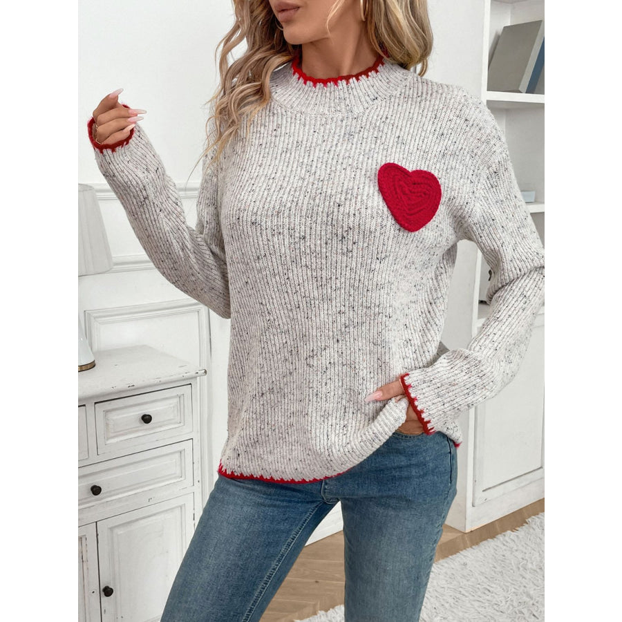 Perfee Contrast Heart Round Neck Long Sleeve Sweater Apparel and Accessories