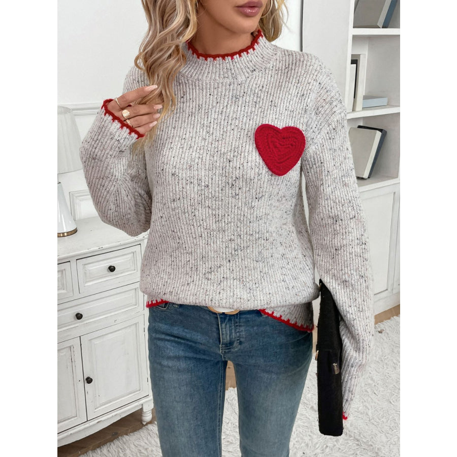 Perfee Contrast Heart Round Neck Long Sleeve Sweater Light Gray / S Apparel and Accessories