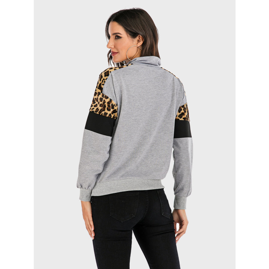 Perfee Contrast Leopard Half Zip Long Sleeve Sweatshirt Apparel and Accessories