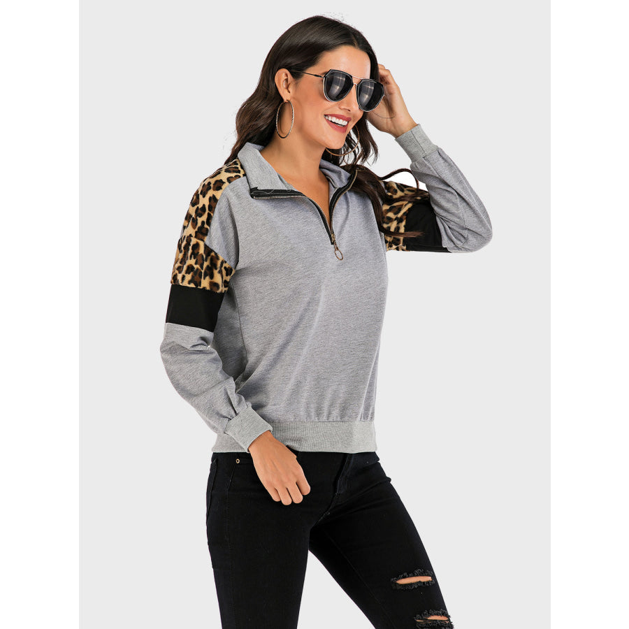 Perfee Contrast Leopard Half Zip Long Sleeve Sweatshirt Apparel and Accessories