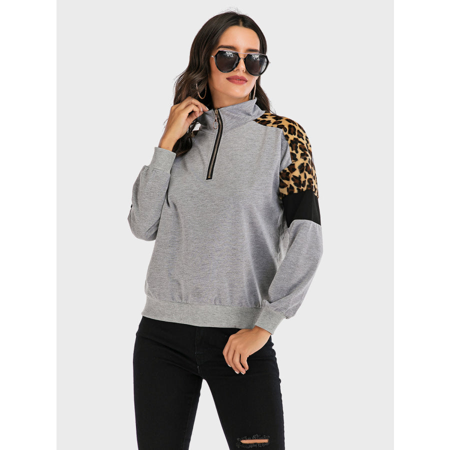 Perfee Contrast Leopard Half Zip Long Sleeve Sweatshirt Gray / S Apparel and Accessories