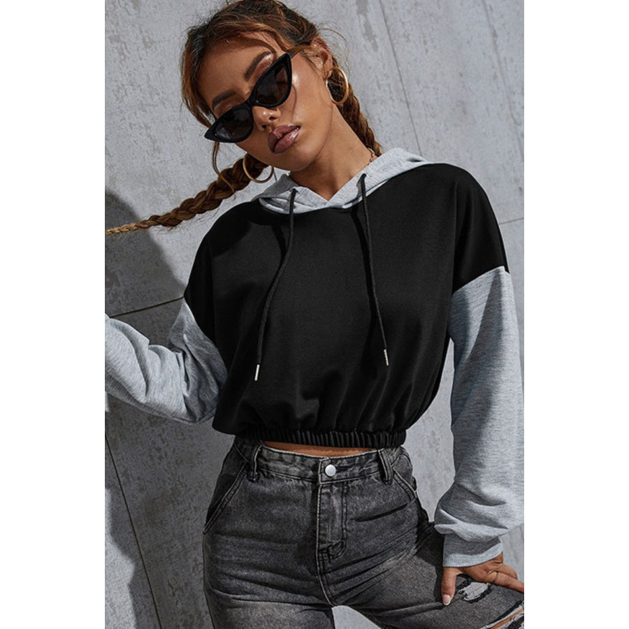 Perfee Contrast Long Sleeve Cropped Hoodie Apparel and Accessories