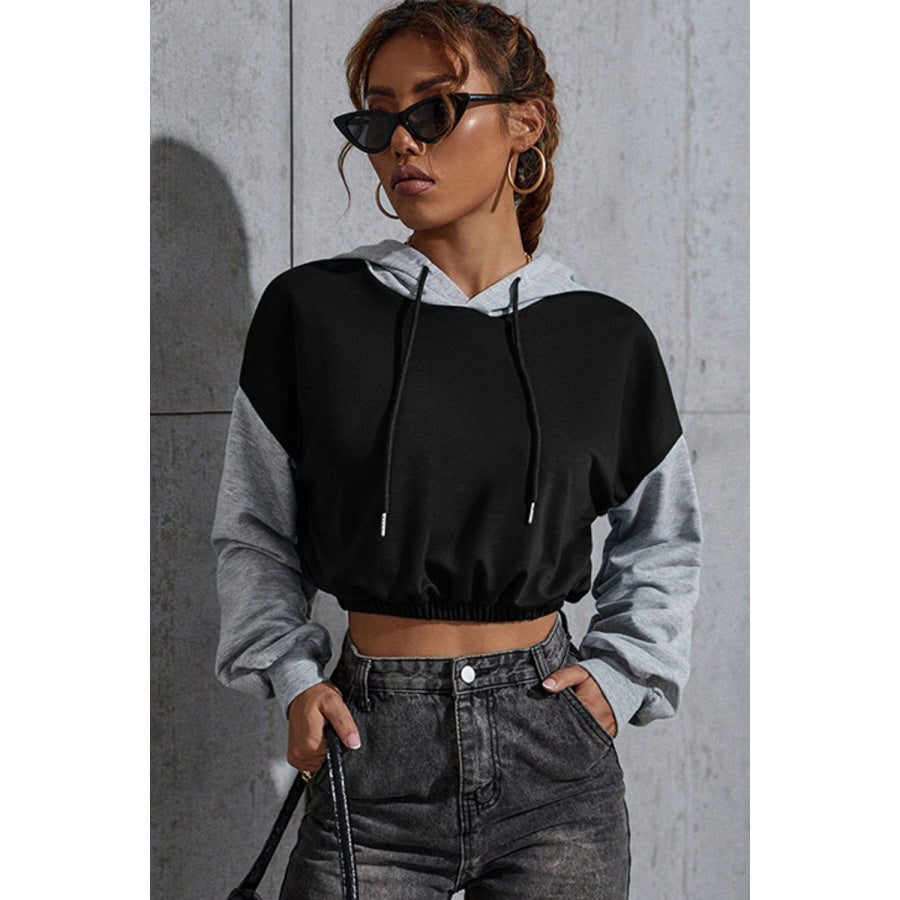 Perfee Contrast Long Sleeve Cropped Hoodie Black / S Apparel and Accessories