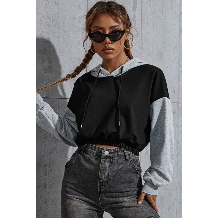 Perfee Contrast Long Sleeve Cropped Hoodie Black / S Apparel and Accessories