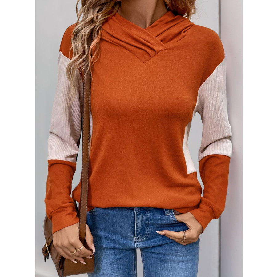 Perfee Contrast Long Sleeve Hoodie Pumpkin / S Apparel and Accessories