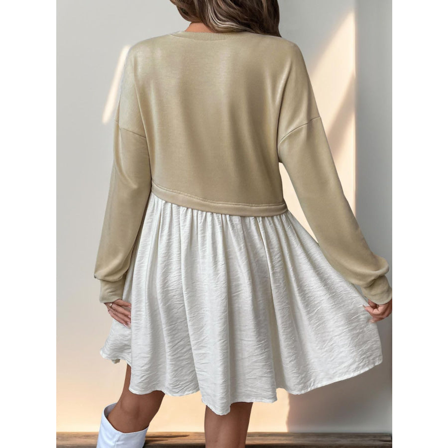 Perfee Contrast Round Neck Long Sleeve Mini Dress Apparel and Accessories