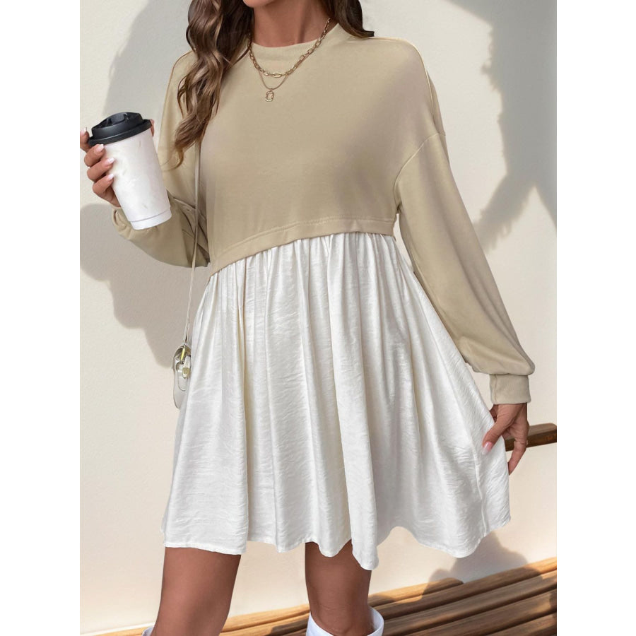 Perfee Contrast Round Neck Long Sleeve Mini Dress Apparel and Accessories