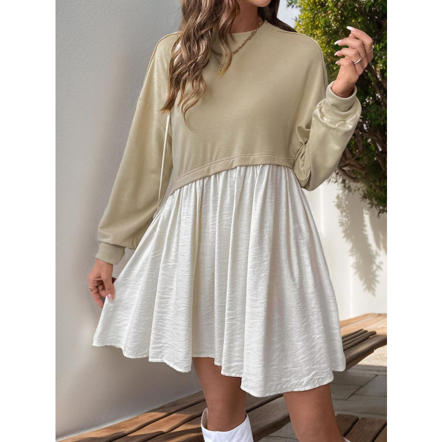 Perfee Contrast Round Neck Long Sleeve Mini Dress Apparel and Accessories