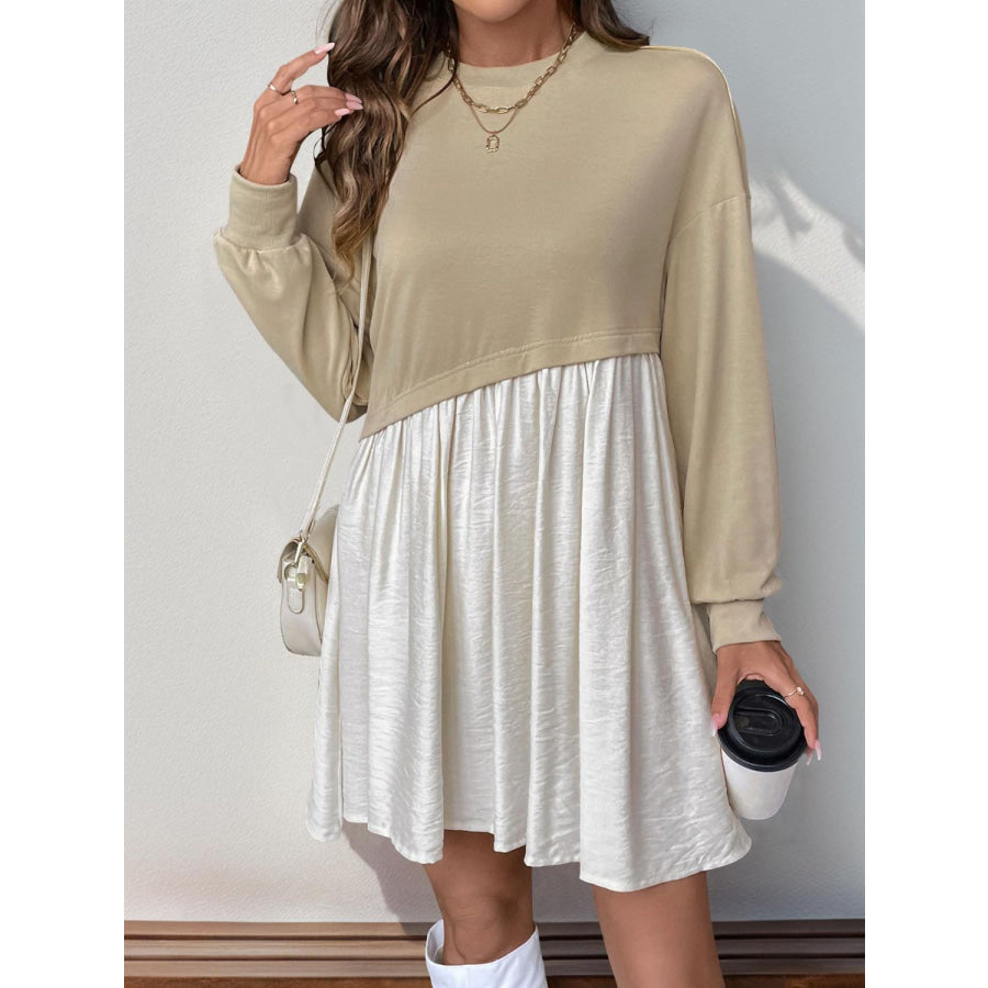 Perfee Contrast Round Neck Long Sleeve Mini Dress Apparel and Accessories