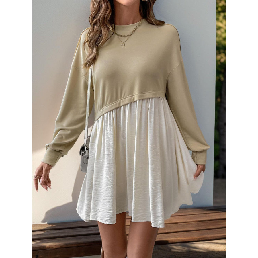 Perfee Contrast Round Neck Long Sleeve Mini Dress Tan / S Apparel and Accessories