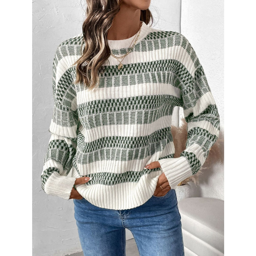 Perfee Contrast Round Neck Long Sleeve Sweater Apparel and Accessories