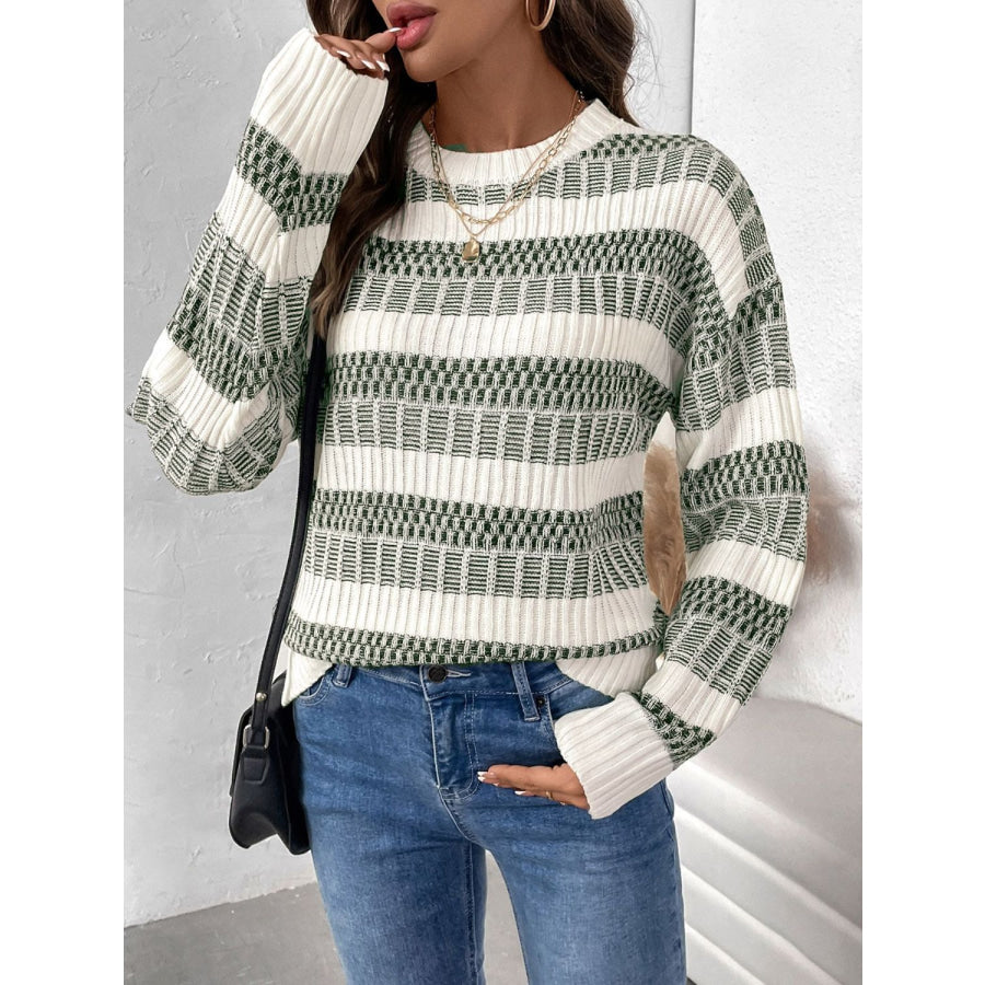 Perfee Contrast Round Neck Long Sleeve Sweater Apparel and Accessories