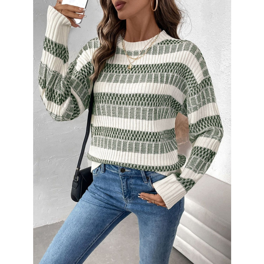 Perfee Contrast Round Neck Long Sleeve Sweater Apparel and Accessories