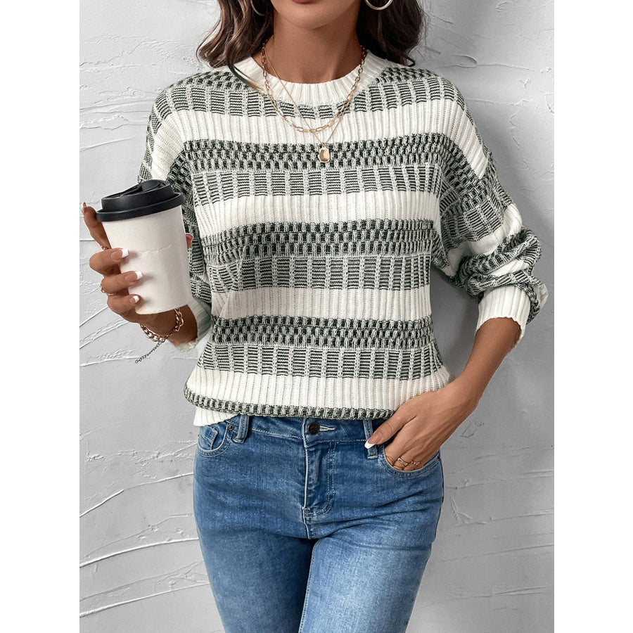 Perfee Contrast Round Neck Long Sleeve Sweater Apparel and Accessories