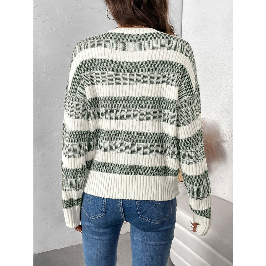 Perfee Contrast Round Neck Long Sleeve Sweater Apparel and Accessories