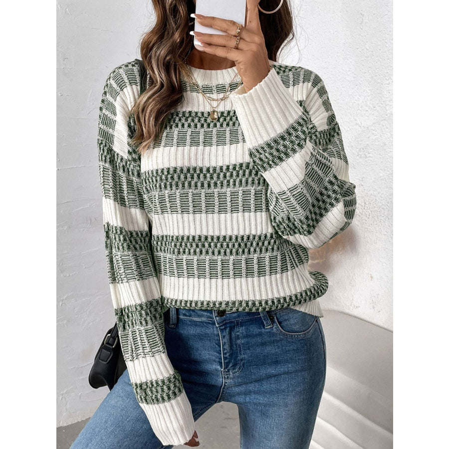 Perfee Contrast Round Neck Long Sleeve Sweater Sage / S Apparel and Accessories