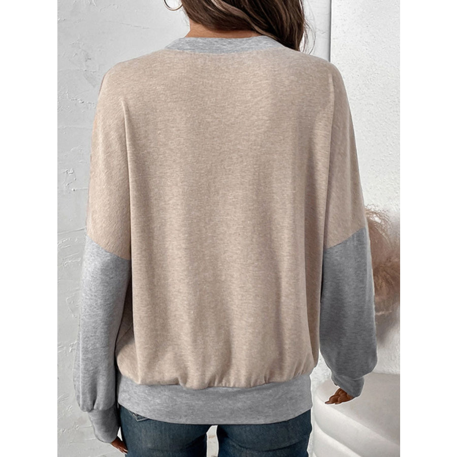 Perfee Contrast Round Neck Long Sleeve T-Shirt Tan / S Apparel and Accessories