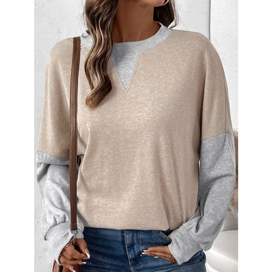 Perfee Contrast Round Neck Long Sleeve T-Shirt Tan / S Apparel and Accessories