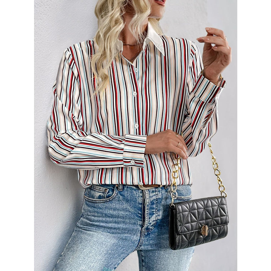 Perfee Contrast Striped Collared Neck Long Sleeve Shirt Apparel and Accessories