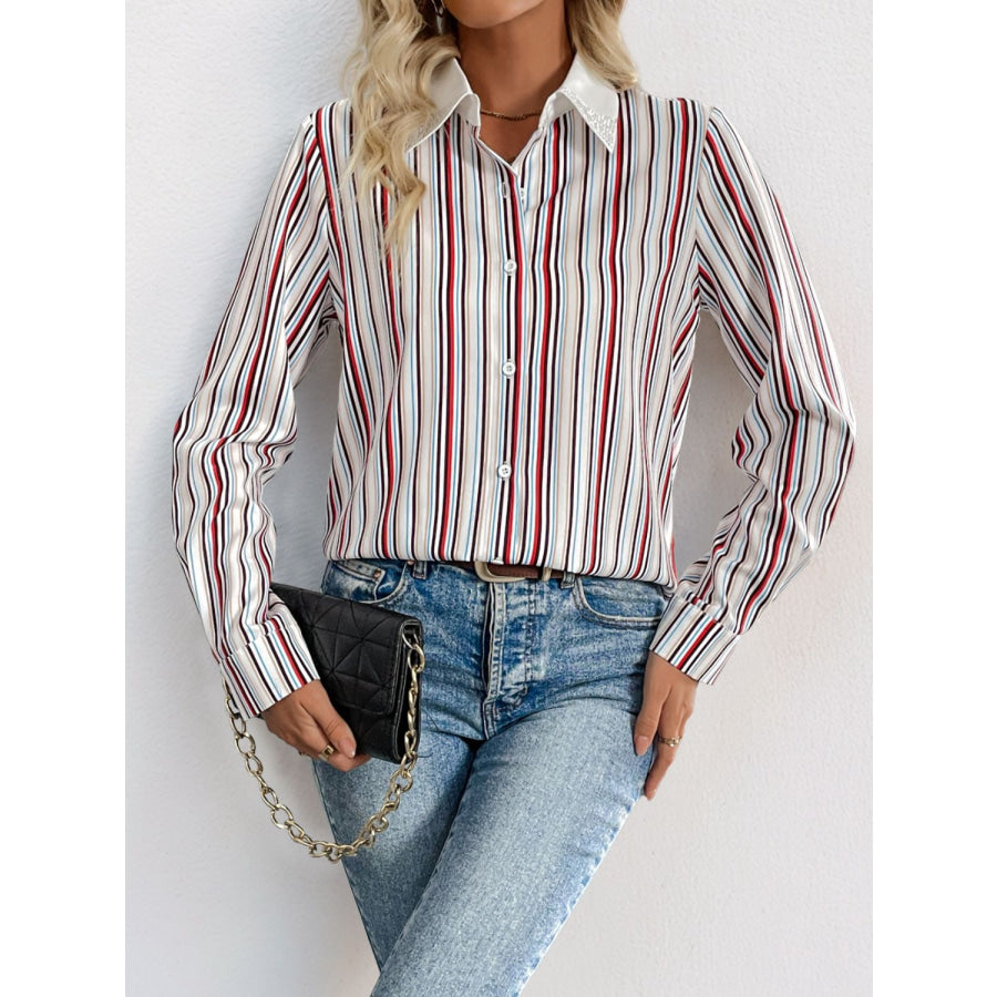 Perfee Contrast Striped Collared Neck Long Sleeve Shirt Apparel and Accessories