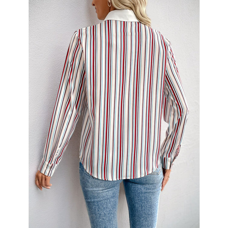 Perfee Contrast Striped Collared Neck Long Sleeve Shirt Apparel and Accessories